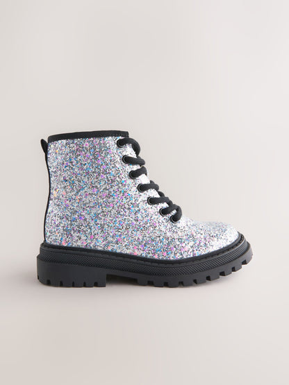 Dsiney Kidz - Silver Glitter Standard Fit (F) Warm Lined Lace-Up Ankle Boots image 2
