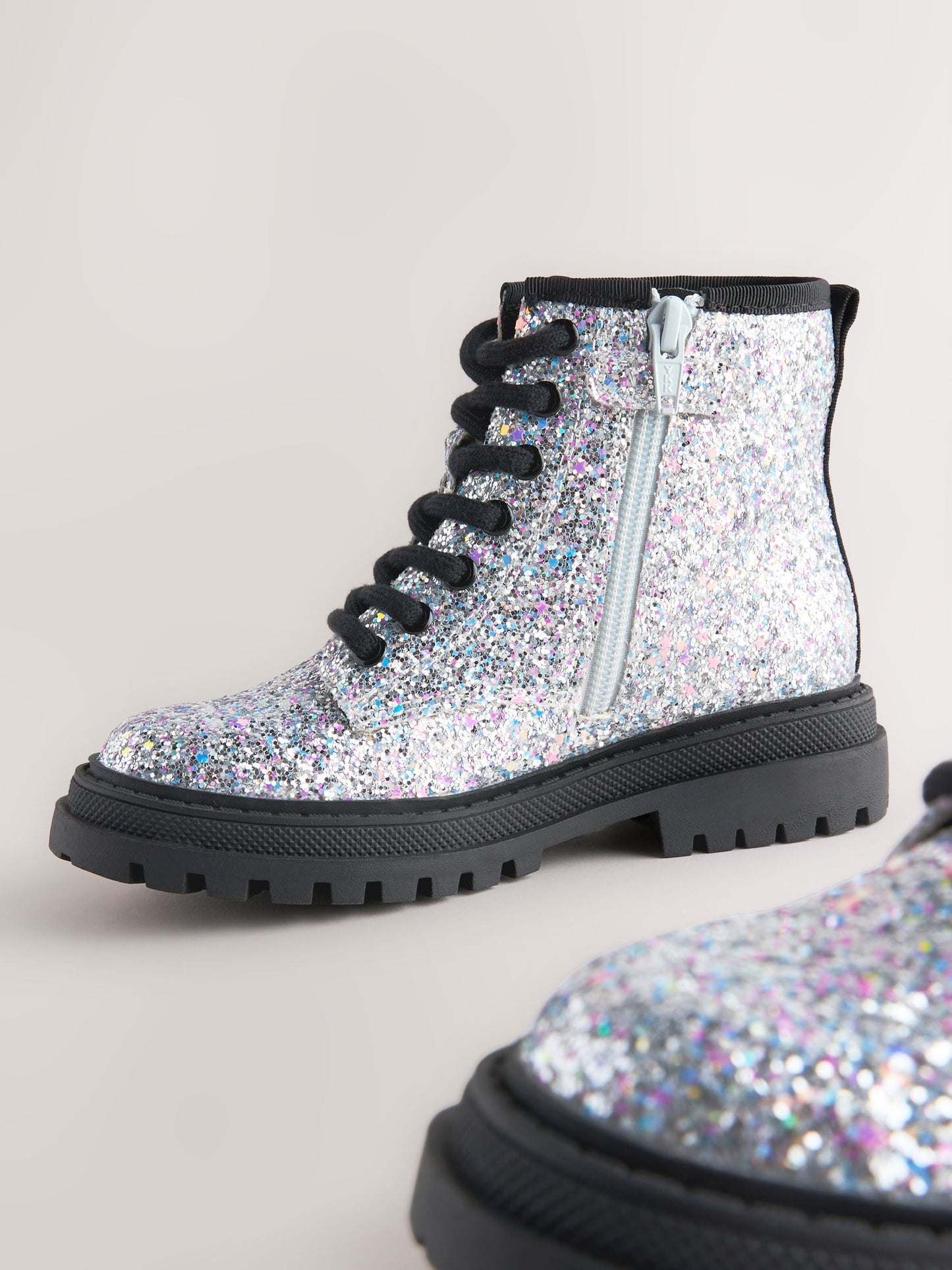 Dsiney Kidz - Silver Glitter Standard Fit (F) Warm Lined Lace-Up Ankle Boots image 3