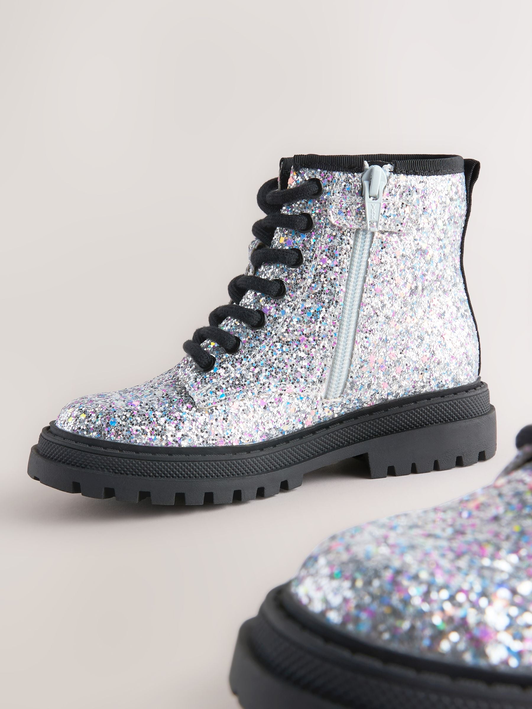 Dsiney Kidz - Silver Glitter Standard Fit (F) Warm Lined Lace-Up Ankle Boots image 3