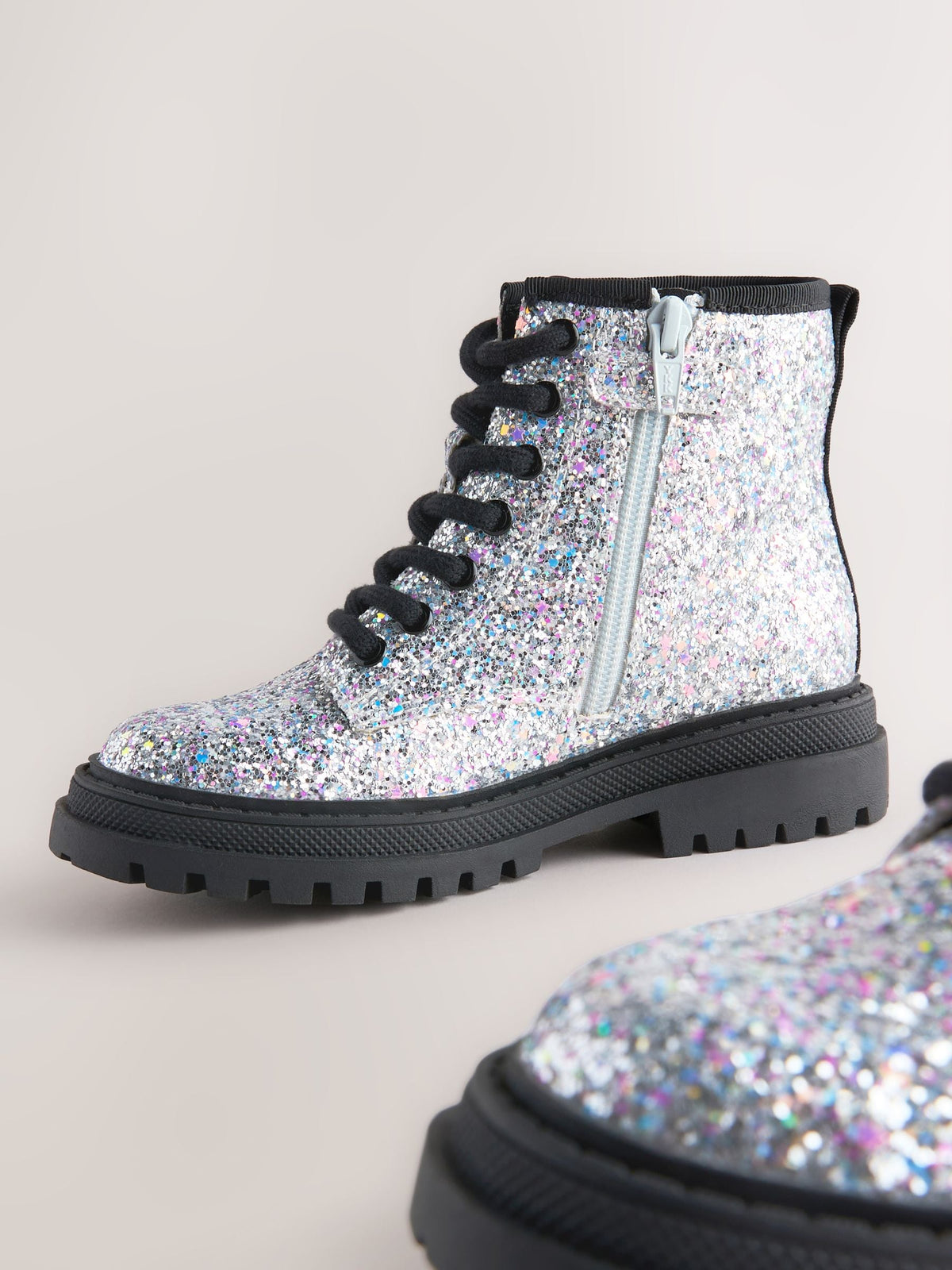 Dsiney Kidz - Silver Glitter Standard Fit (F) Warm Lined Lace-Up Ankle Boots image 3