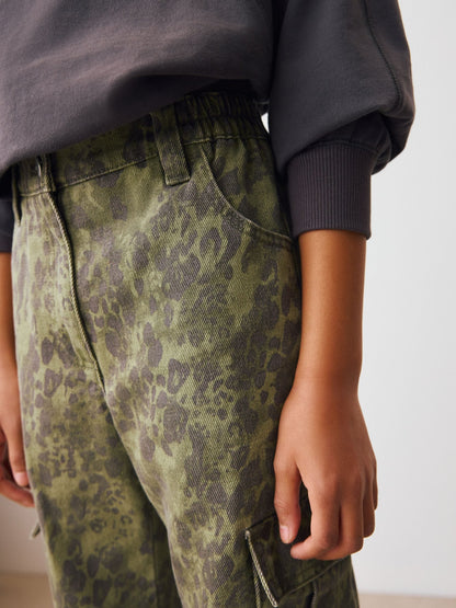 Dsiney Kidz - Green Leopard Wide Leg Cargo Jeans (3-16yrs) image 4