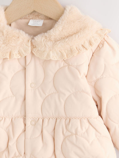 Neutral Oversized Collar Faux Fur Collar Quilted Baby Jacket (0mths-2yrs)