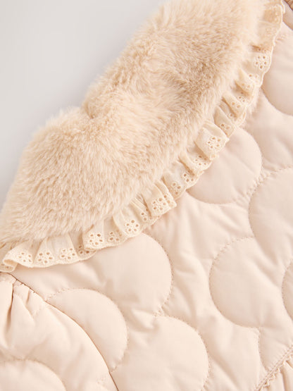 Neutral Oversized Collar Faux Fur Collar Quilted Baby Jacket (0mths-2yrs)