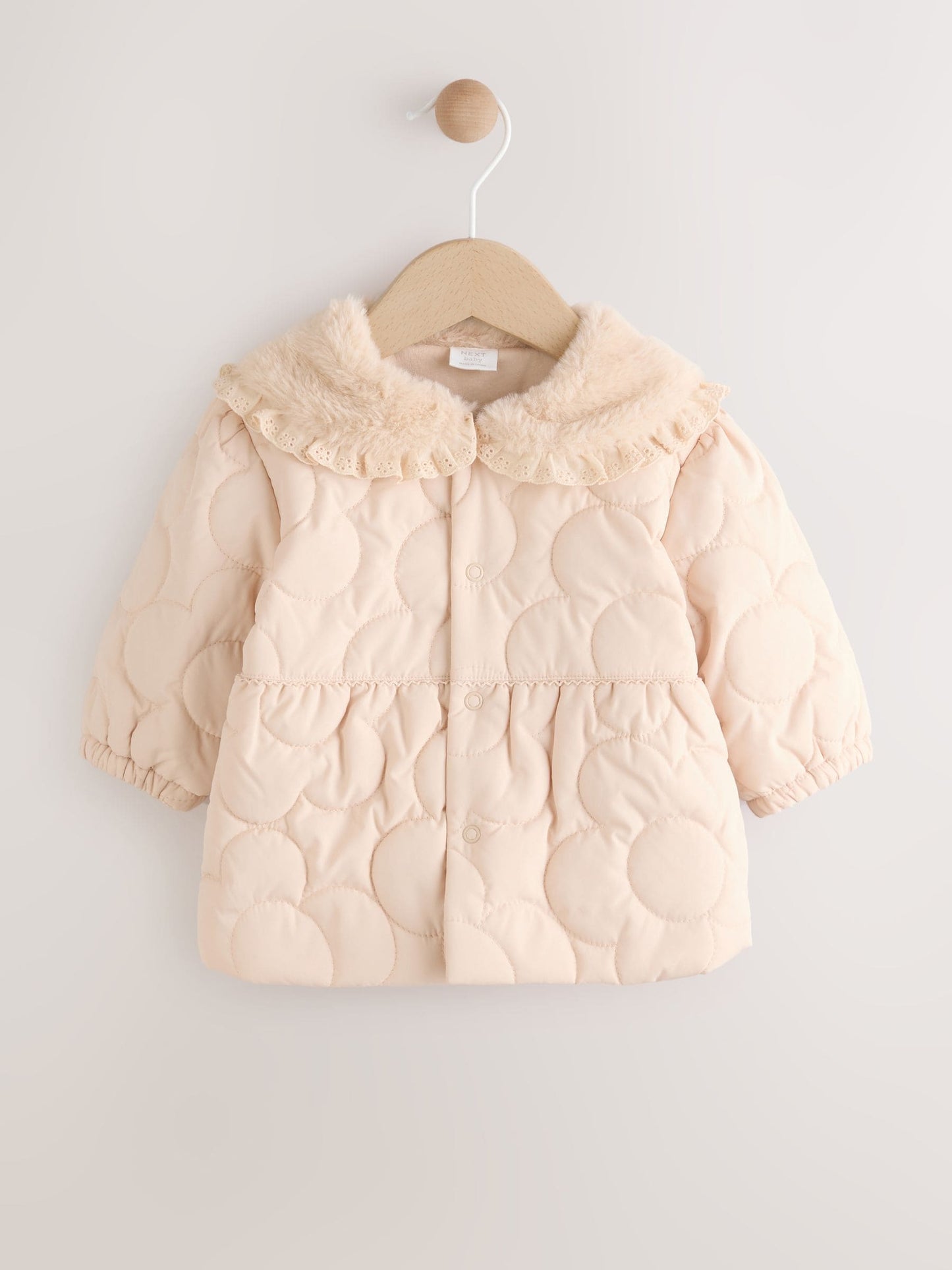 Neutral Oversized Collar Faux Fur Collar Quilted Baby Jacket (0mths-2yrs)