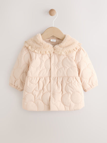 Neutral Oversized Collar Faux Fur Collar Quilted Baby Jacket (0mths-2yrs)