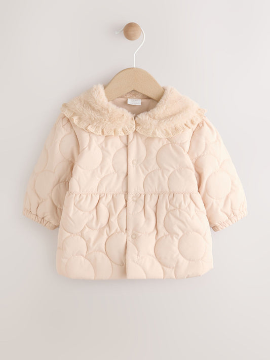 Neutral Oversized Collar Faux Fur Collar Quilted Baby Jacket (0mths-2yrs)