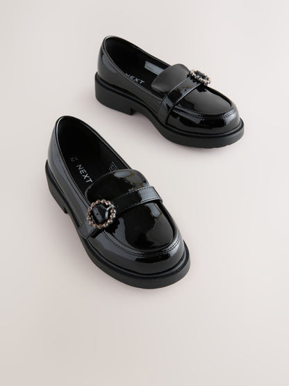 Black Patent Diamante Brooch School Loafers image 1
