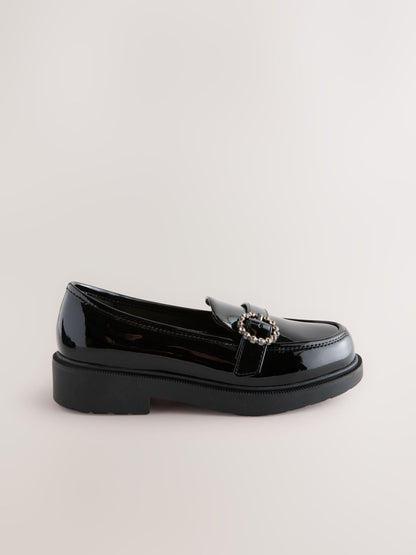 Black Patent Diamante Brooch School Loafers image 2