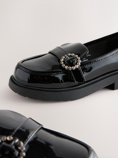 Black Patent Diamante Brooch School Loafers image 4