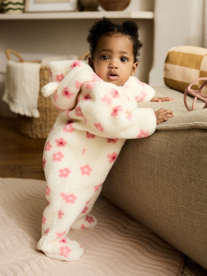 Ecru and Pink Floral Baby Borg Hooded Pramsuit (0mths-2yrs)