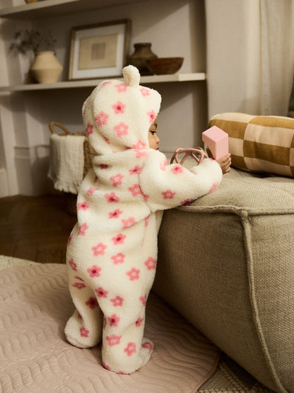 Ecru and Pink Floral Baby Borg Hooded Pramsuit (0mths-2yrs)