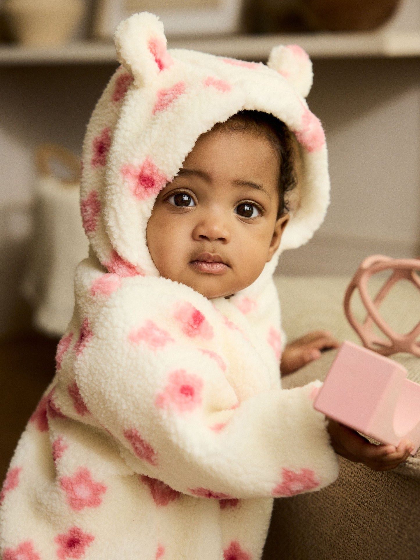 Ecru and Pink Floral Baby Borg Hooded Pramsuit (0mths-2yrs)