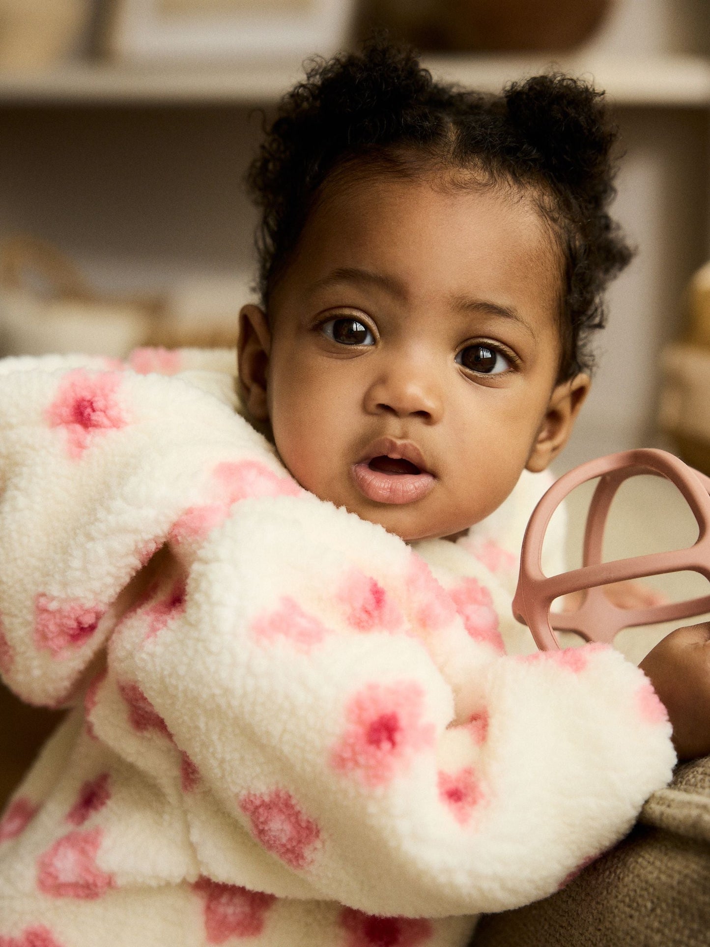 Ecru and Pink Floral Baby Borg Hooded Pramsuit (0mths-2yrs)