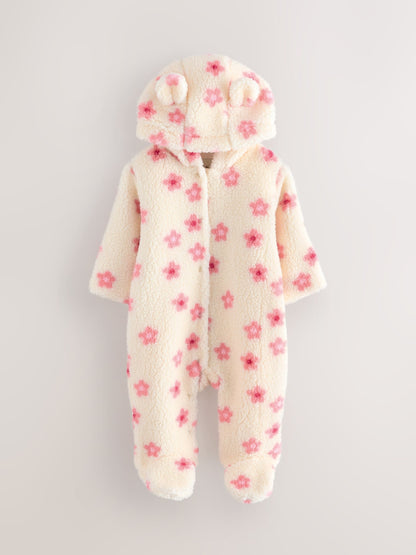 Ecru and Pink Floral Baby Borg Hooded Pramsuit (0mths-2yrs)