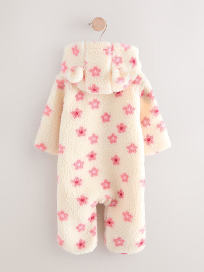 Ecru and Pink Floral Baby Borg Hooded Pramsuit (0mths-2yrs)