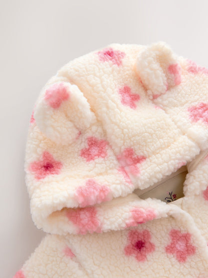 Ecru and Pink Floral Baby Borg Hooded Pramsuit (0mths-2yrs)