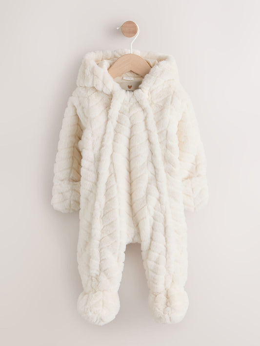 White Baby Faux Fur Hooded Pramsuit (0mths-2yrs)