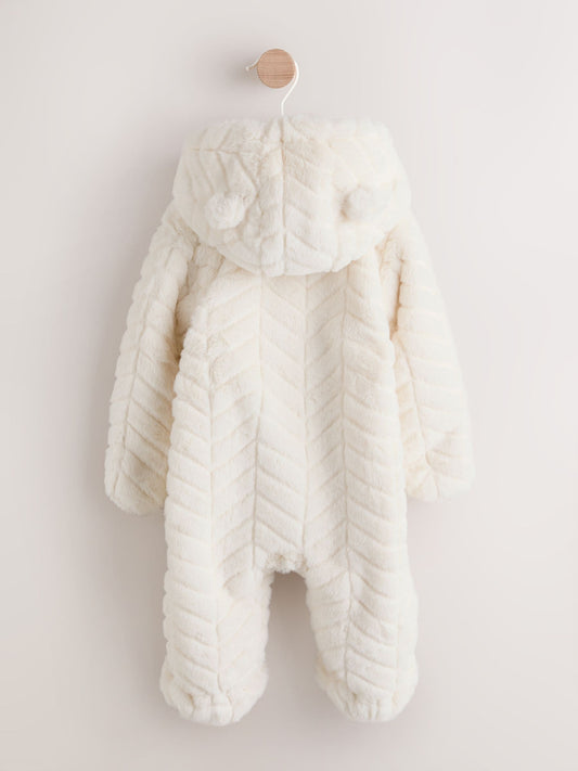 White Faux Fur Hooded Baby Pramsuit (0mths-2yrs)