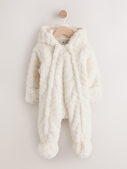 White Faux Fur Hooded Baby Pramsuit (0mths-2yrs)