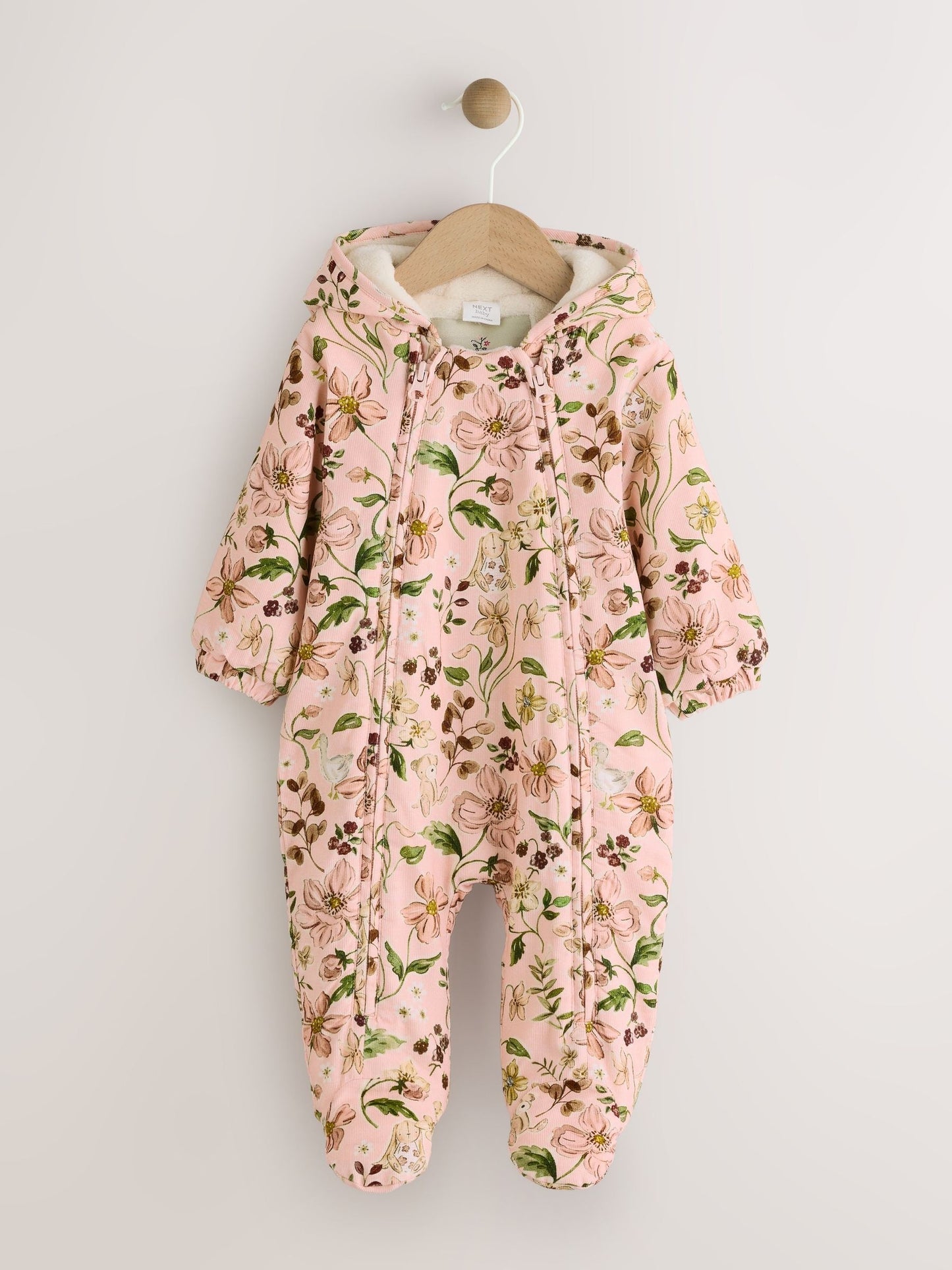 Pink Woodland Printed Baby Cord Hooded Pramsuit (0mths-2yrs)