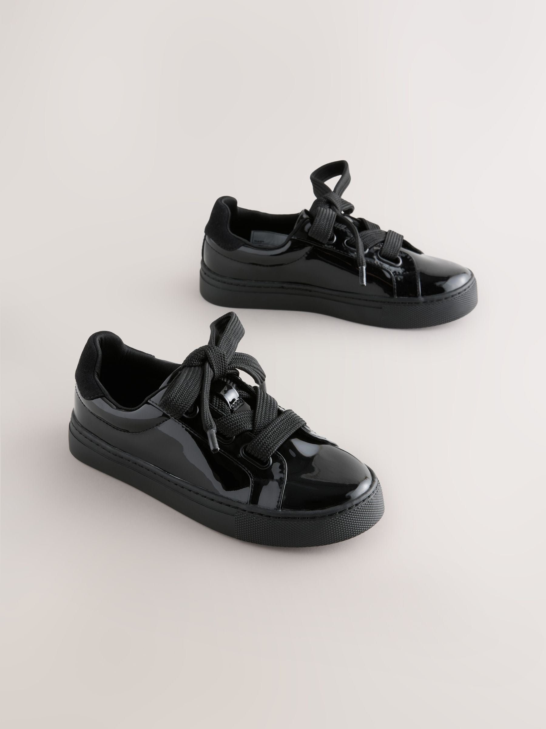 Black Patent Retro Lace Up School Trainers image 1