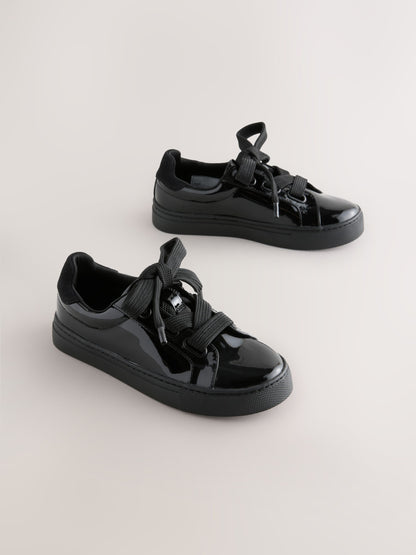 Black Patent Retro Lace Up School Trainers image 1