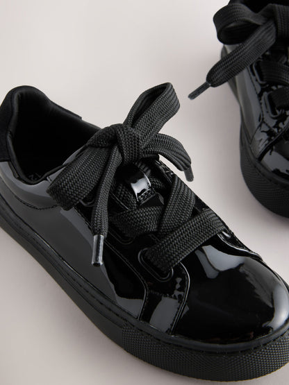 Black Patent Retro Lace Up School Trainers image 4