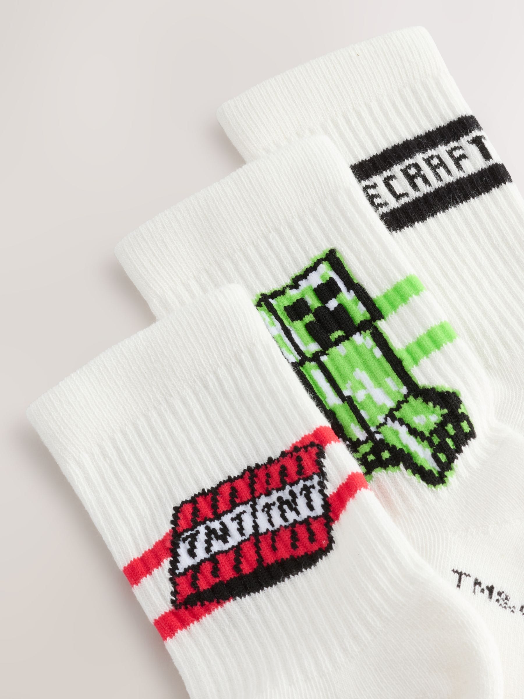 Dsiney Kidz - Green/Red/Black Minecraft Cushioned Footbed Rich RIbbed Tipped Socks 3 Pack image 3
