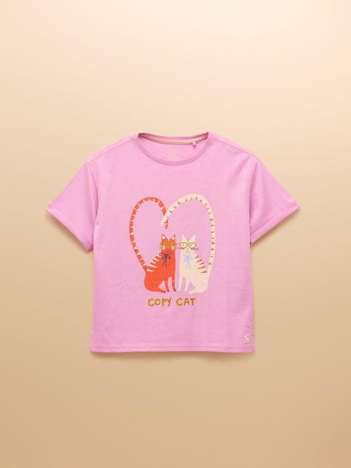 Joules Girls' Fundays Purple Cat Short Sleeve Screenprint T-Shirt image 1