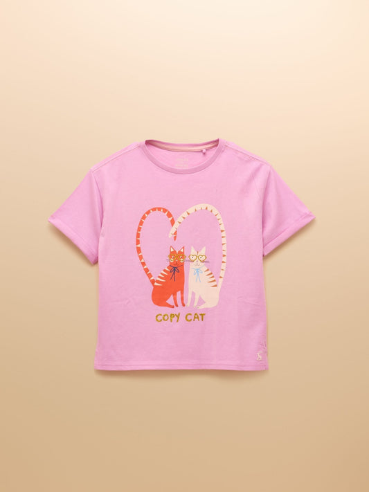 Joules Girls' Fundays Purple Cat Short Sleeve Screenprint T-Shirt image 1