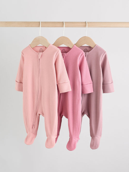 Pink 3 Pack Two Way Zip Baby Sleepsuits (0-2yrs) image 1
