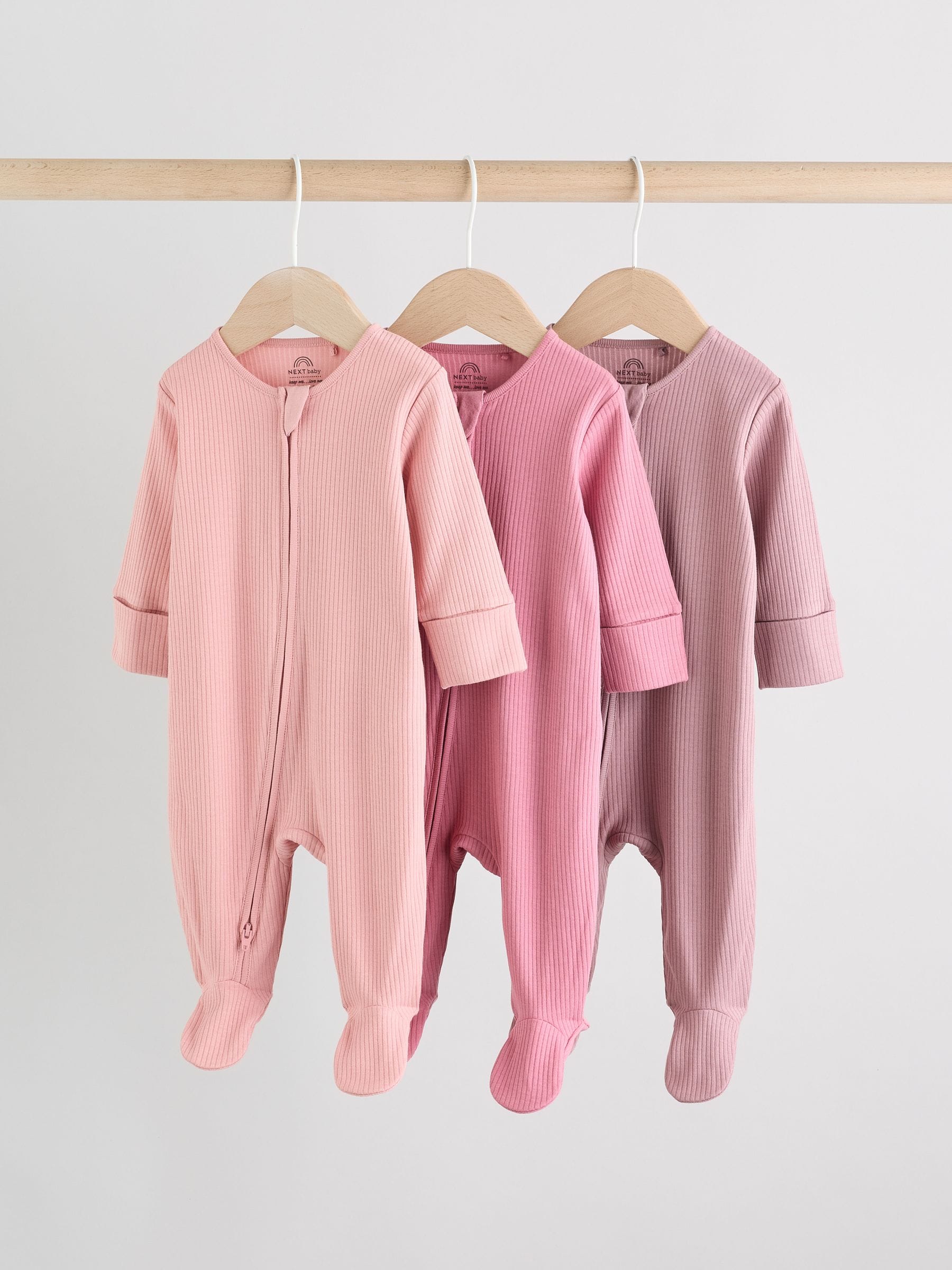 Pink 3 Pack Two Way Zip Baby Sleepsuits (0-2yrs) image 1