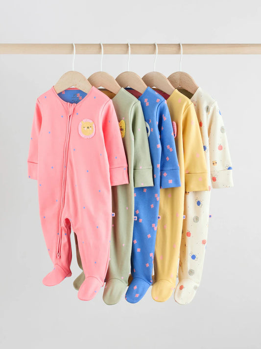 Pink/Blue 5 Pack Two Way Zip Baby Sleepsuits (0mths-2yrs)