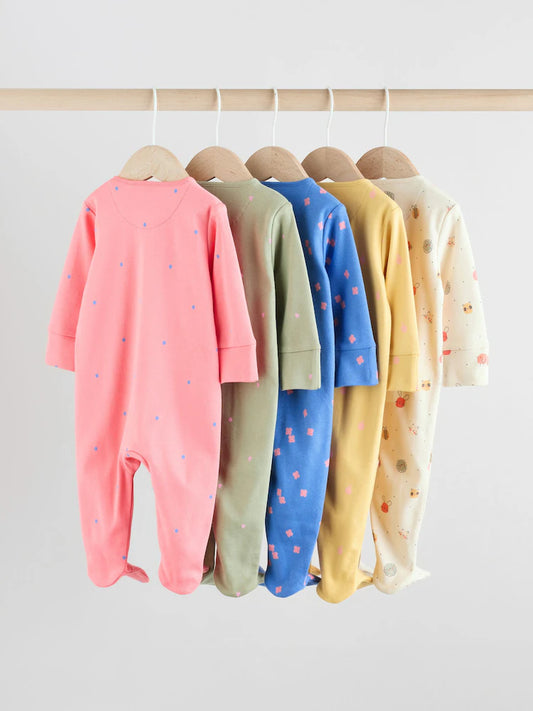 Pink/Blue 5 Pack Two Way Zip Baby Sleepsuits (0mths-2yrs)
