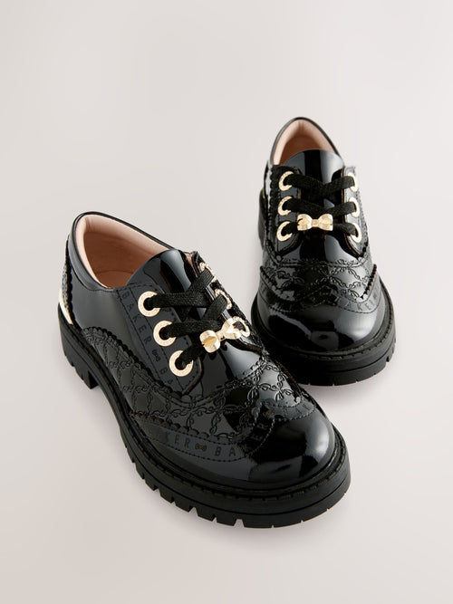 Baker by Ted Baker Girls Back to School Chunky Patent Black Brogue Shoes with Bow image 1