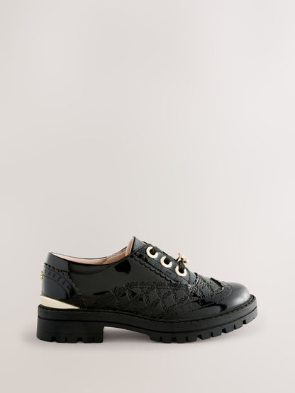 Baker by Ted Baker Girls Back to School Chunky Patent Black Brogue Shoes with Bow image 2