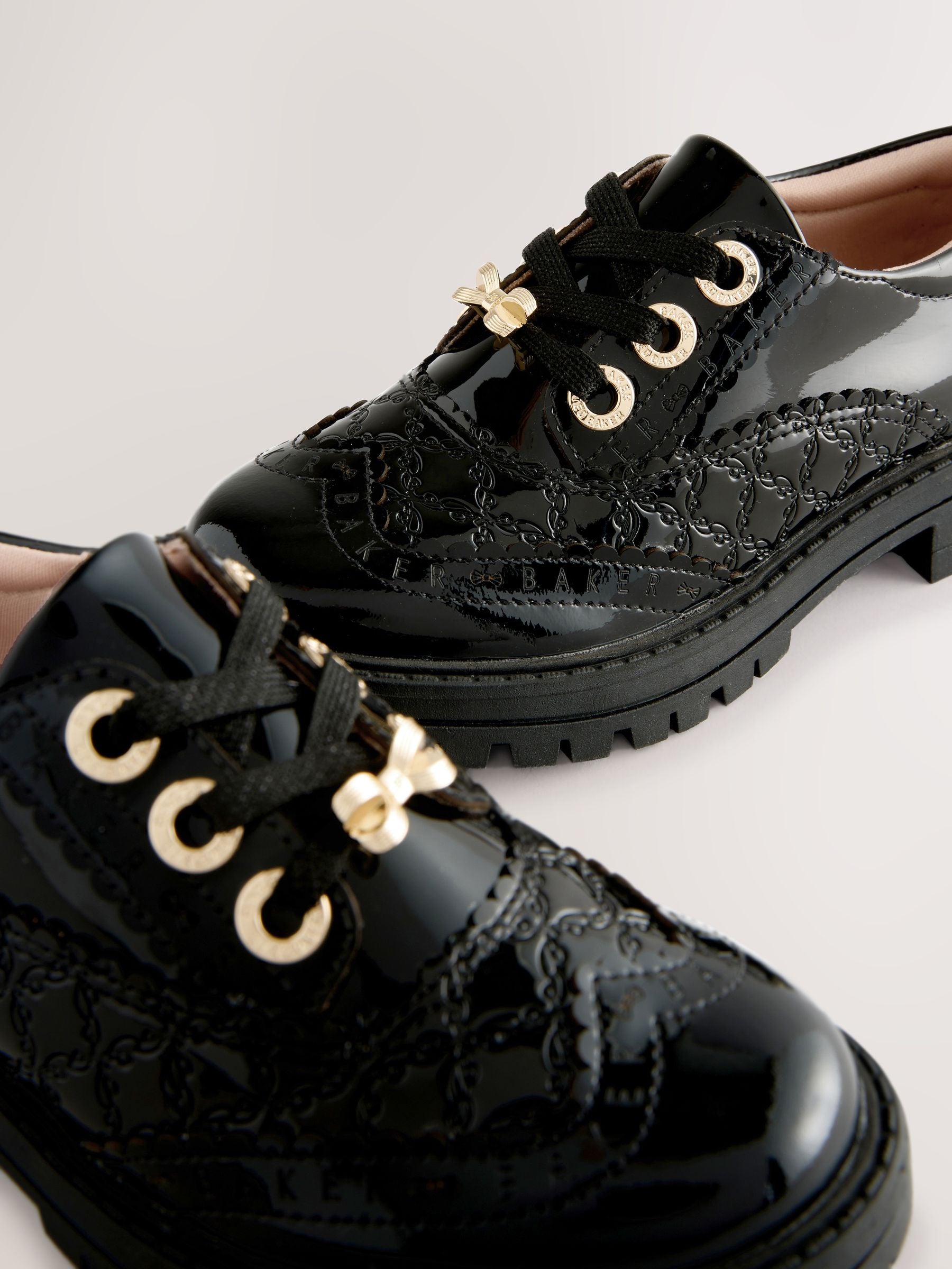 Baker by Ted Baker Girls Back to School Chunky Patent Black Brogue Shoes with Bow image 3