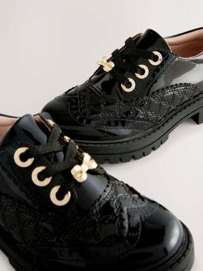 Baker by Ted Baker Girls Back to School Chunky Patent Black Brogue Shoes with Bow image 3
