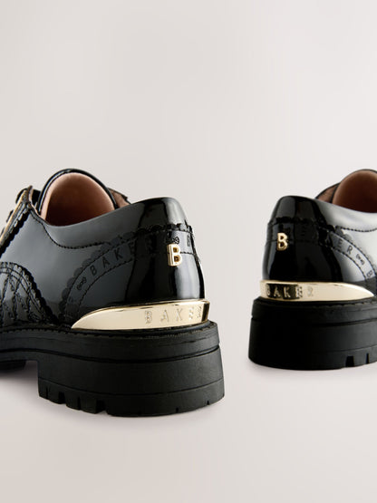 Baker by Ted Baker Girls Back to School Chunky Patent Black Brogue Shoes with Bow image 4
