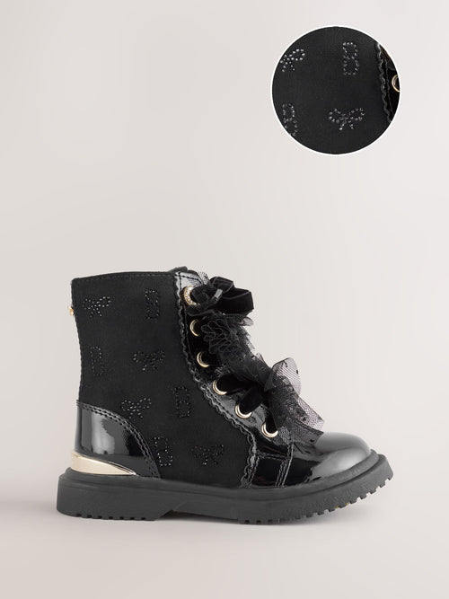 Baker by Ted Baker Girls Black Diamanté Lace-Up Boots with Bow image 1