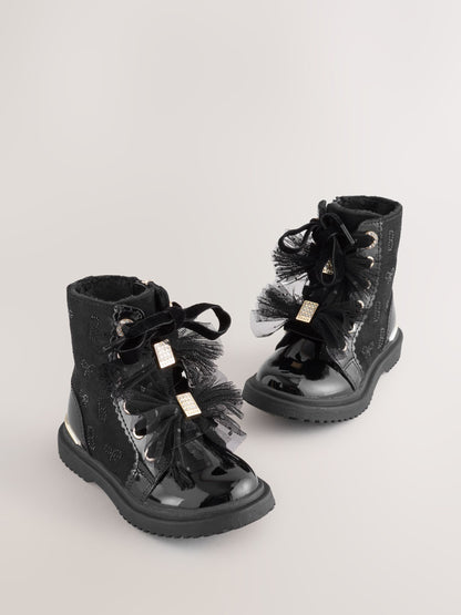 Baker by Ted Baker Girls Black Diamanté Lace-Up Boots with Bow image 2