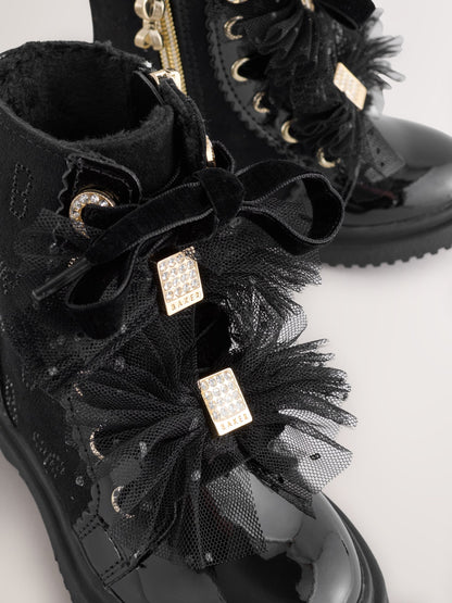 Baker by Ted Baker Girls Black Diamanté Lace-Up Boots with Bow image 3