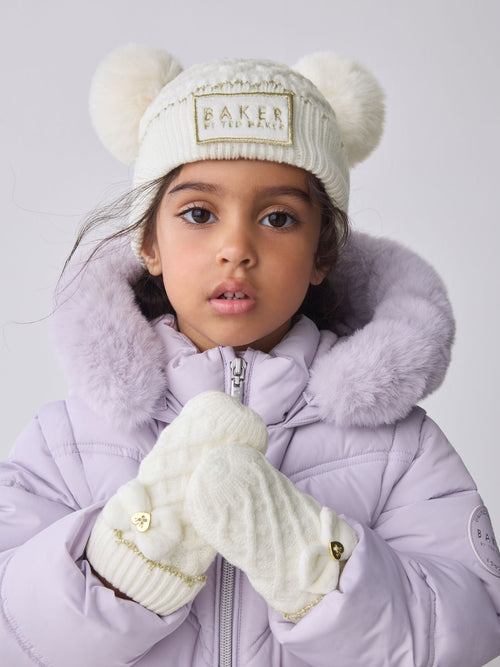 Baker By Ted Baker Girls Double Pom Eared Hat and Mittens Set image 1
