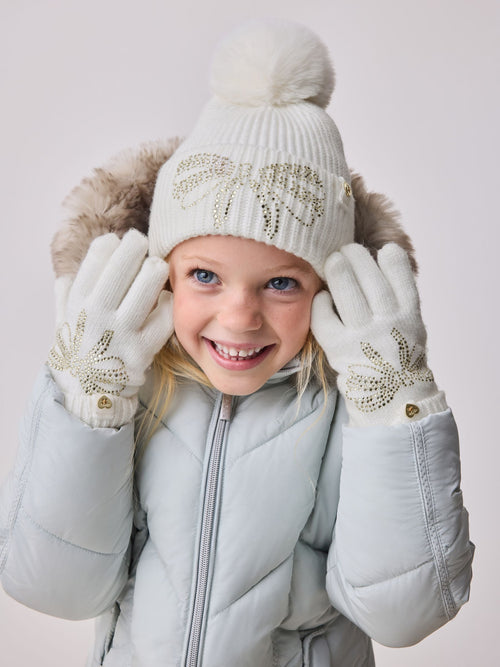 Baker by Ted Baker Girls Knitted Diamanté Bow Pom Hat and Gloves Set image 1