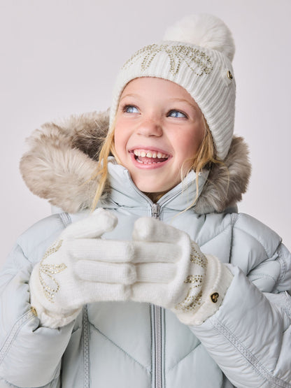 Baker by Ted Baker Girls Knitted Diamanté Bow Pom Hat and Gloves Set image 2