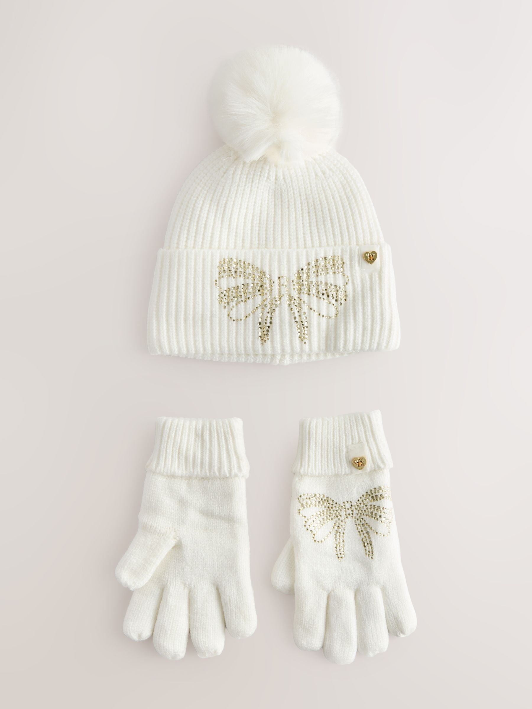 Baker by Ted Baker Girls Knitted Diamanté Bow Pom Hat and Gloves Set image 3