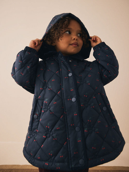 Navy Cherry Shower Resistant Embroidered Coat With Collar (3mths-7yrs)