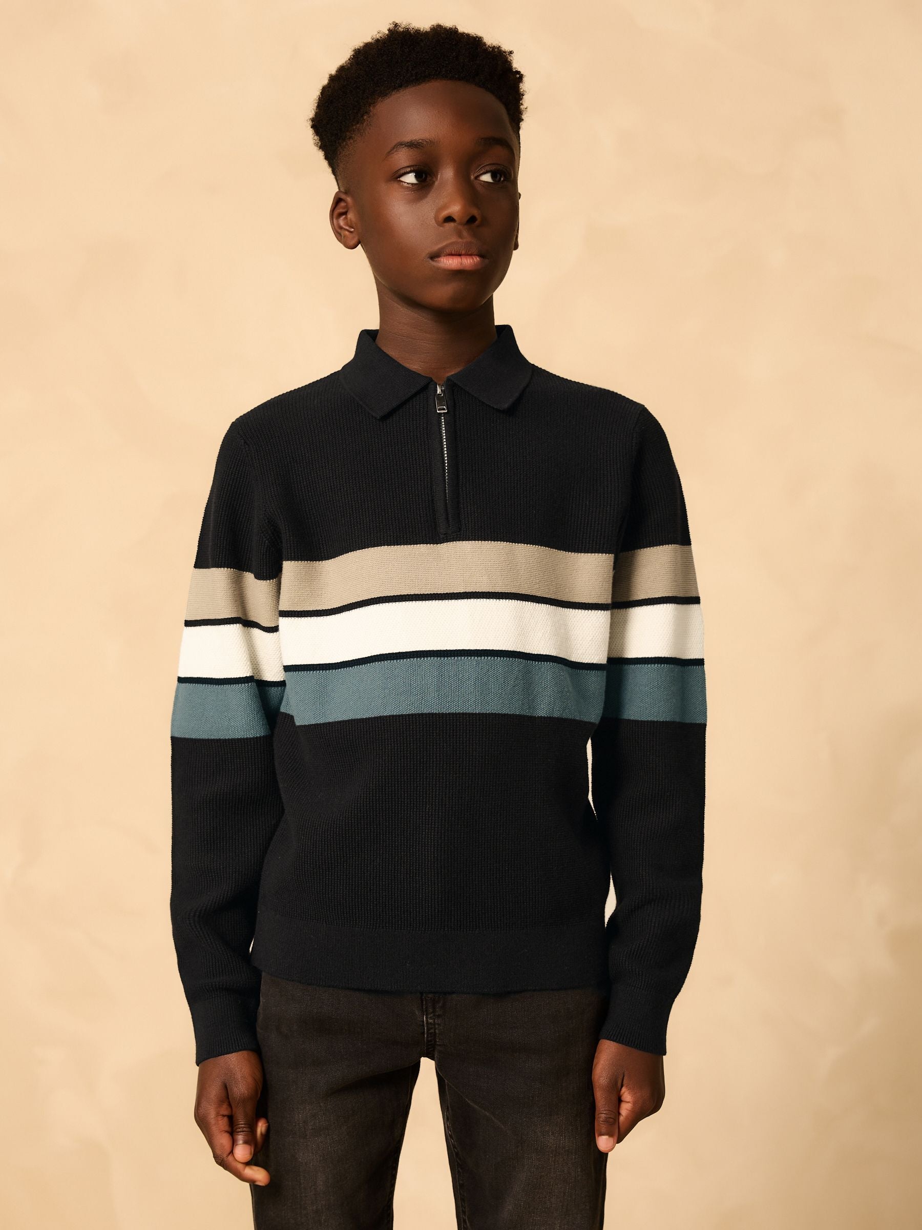 Dsiney Kidz - Black Stripe Long Sleeve Zip Neck Knitted Polo Shirt (3-16yrs) image 1