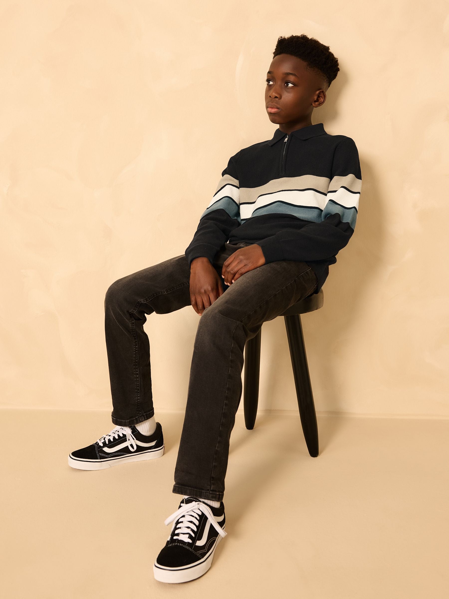 Dsiney Kidz - Black Stripe Long Sleeve Zip Neck Knitted Polo Shirt (3-16yrs) image 2