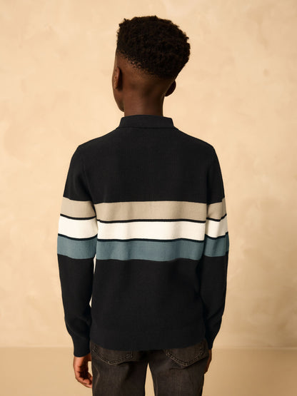 Dsiney Kidz - Black Stripe Long Sleeve Zip Neck Knitted Polo Shirt (3-16yrs) image 3